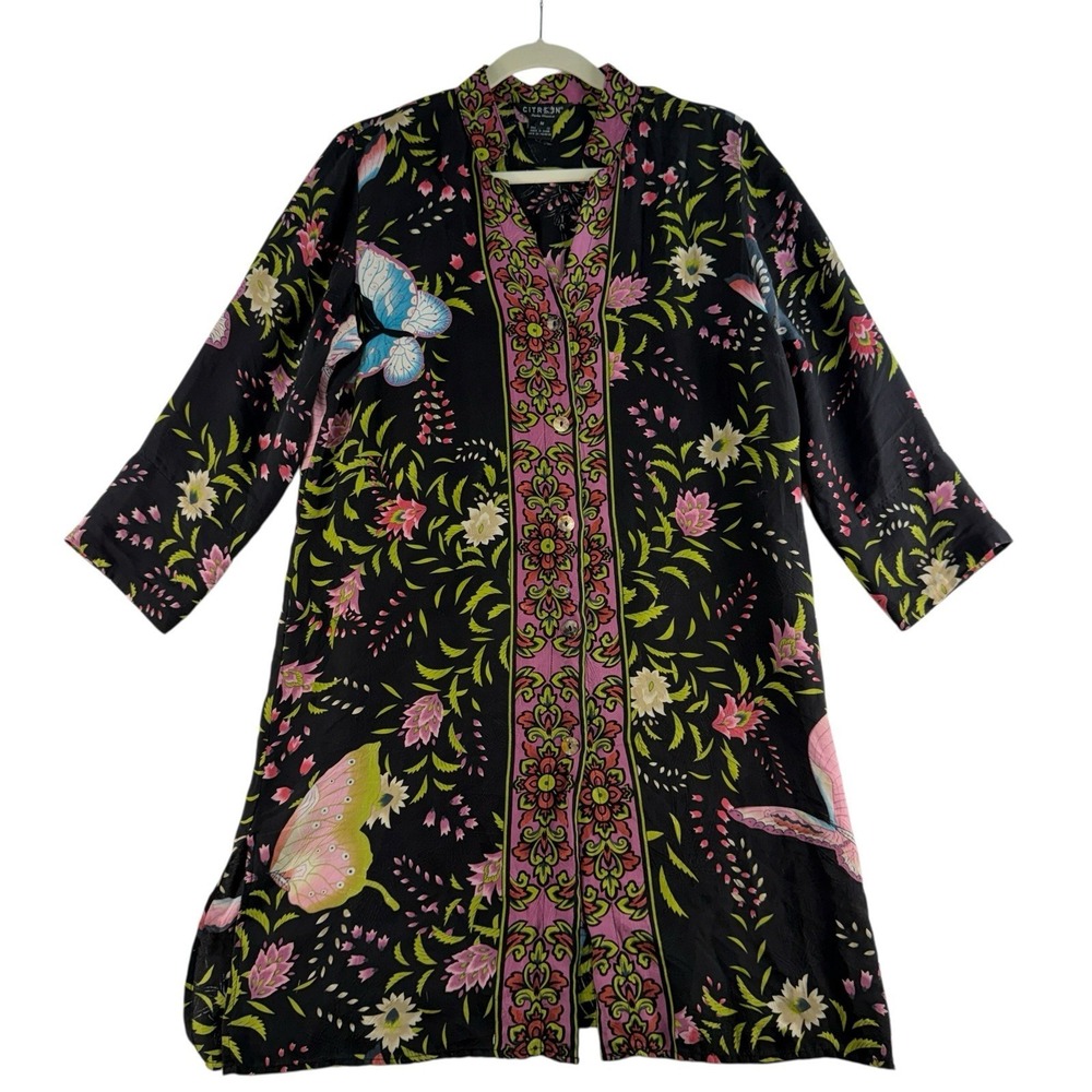 Citron Santa Monica M Medium Silk Tunic Top Kimono Topper Long Asian Artsy Art